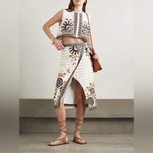 Farm Rio Flower Fan Tapestry Off-White Wrap Midi Skirt NWT Small